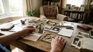 Mains triant des objets personnels et photos lors d'un débarras après décès dans un salon lumineux et paisible.
