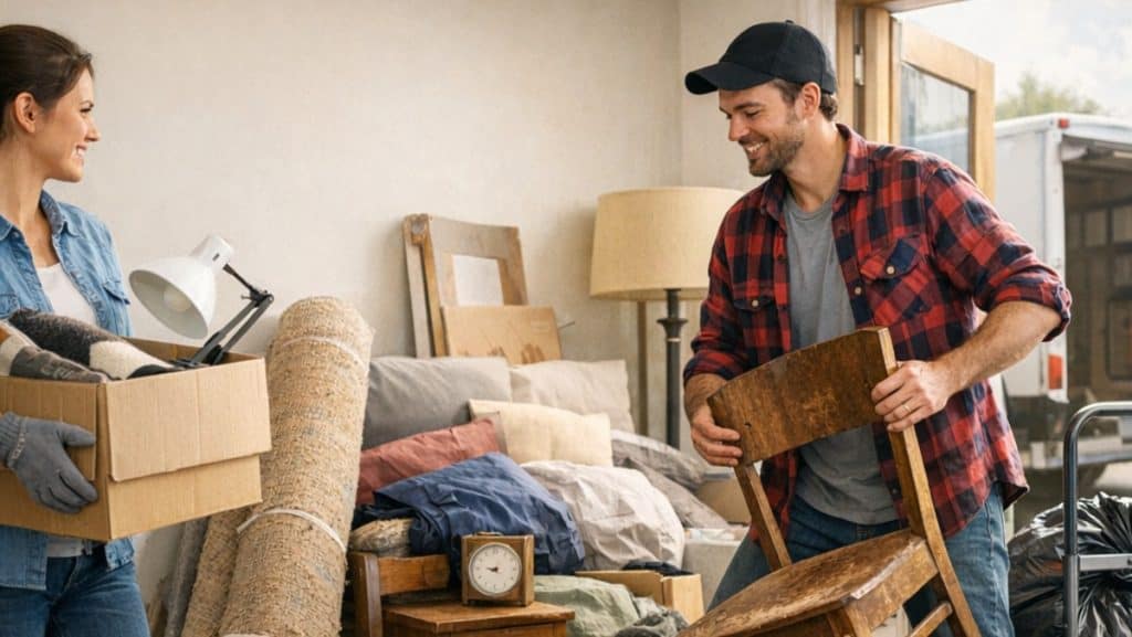 Couple souriant en train de trier et débarrasser des objets dans une maison.