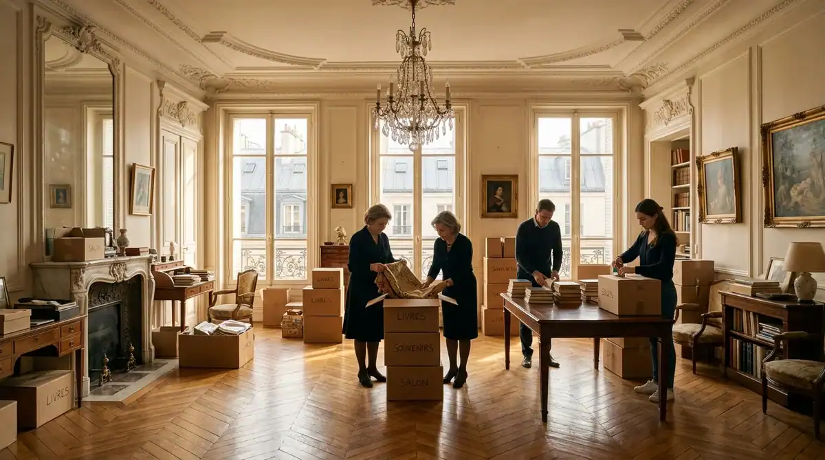 Débarras d'un appartement haussmannien à Paris lors d'une succession, organisation de cartons dans un salon ensoleillé.