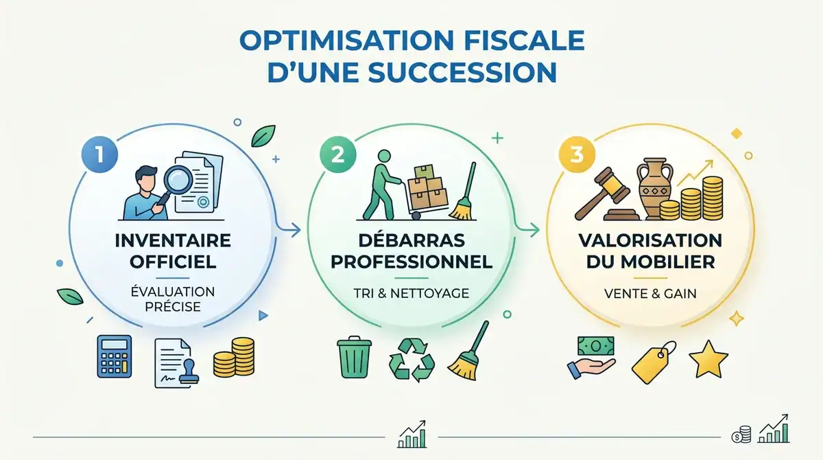 Infographie débarras succession Paris : optimisation fiscale, inventaire et valorisation du mobilier.