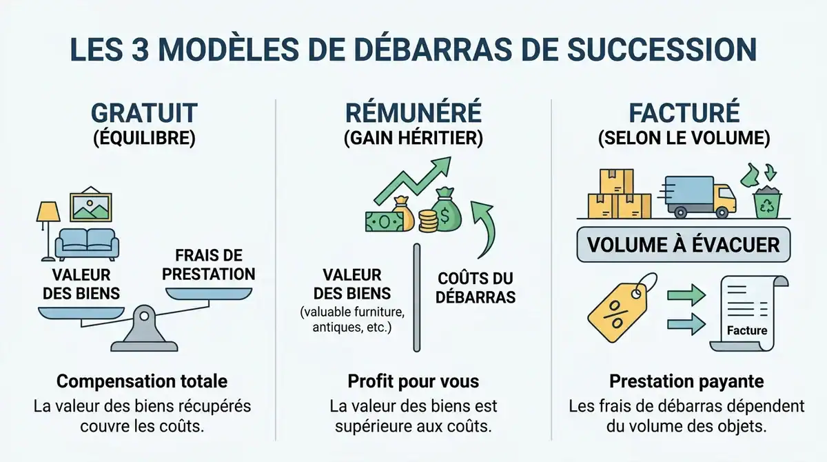 Infographie présentant les 3 modèles de débarras de succession à Paris : gratuit, rémunéré ou facturé selon le volume.