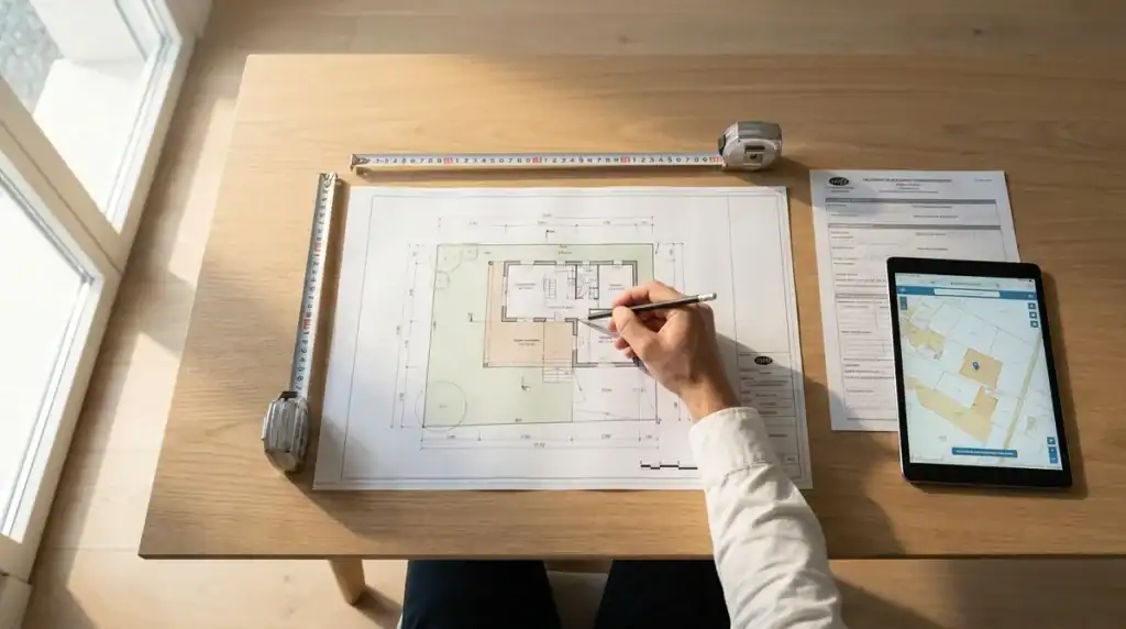 Plan architectural d'extension de maison sur un bureau en bois pour une déclaration préalable de travaux 2026
