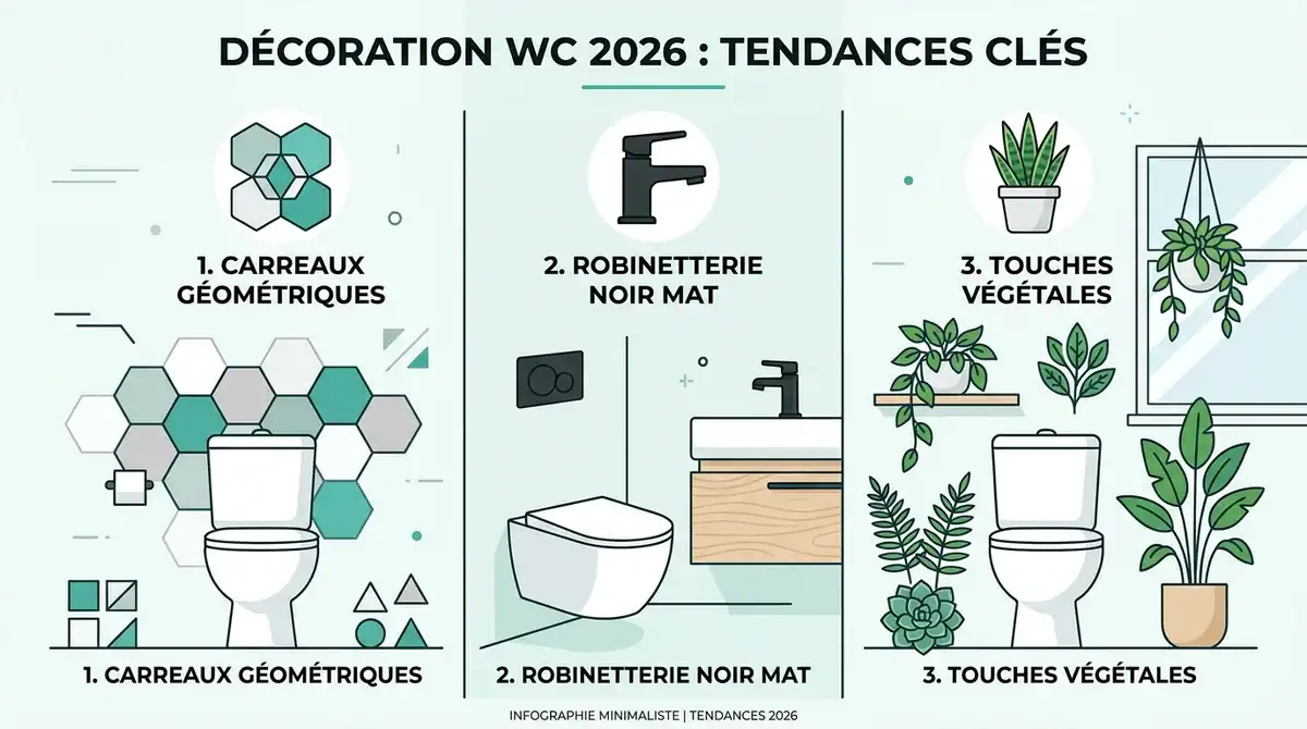 Infographie déco WC 2026 : carreaux géométriques, robinetterie noir mat et touches végétales pour toilettes modernes.