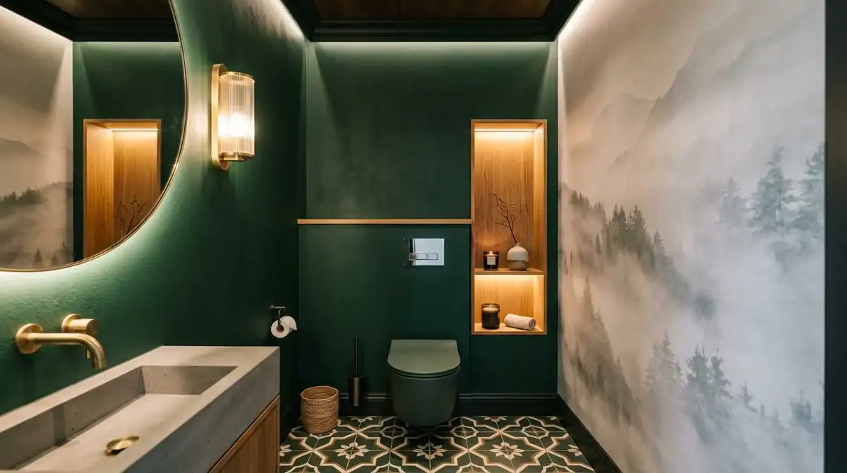 WC moderne 2026 avec mur vert émeraude, papier peint panoramique et éclairage LED pour un espace déco luxueux.