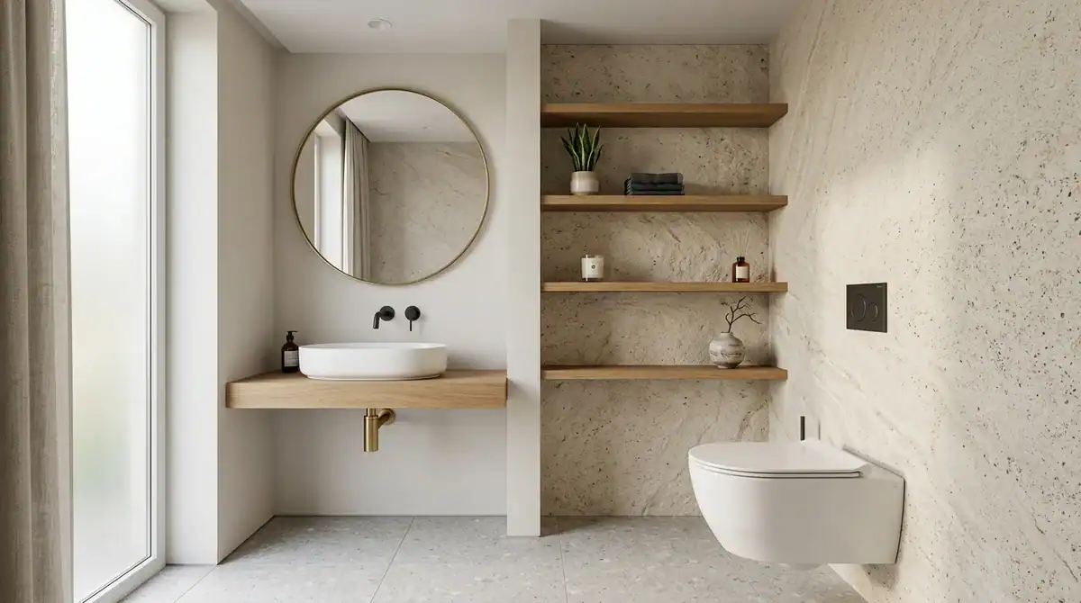 Déco WC minimaliste : toilettes suspendues, mur en pierre et étagères bois pour un petit espace luxueux.