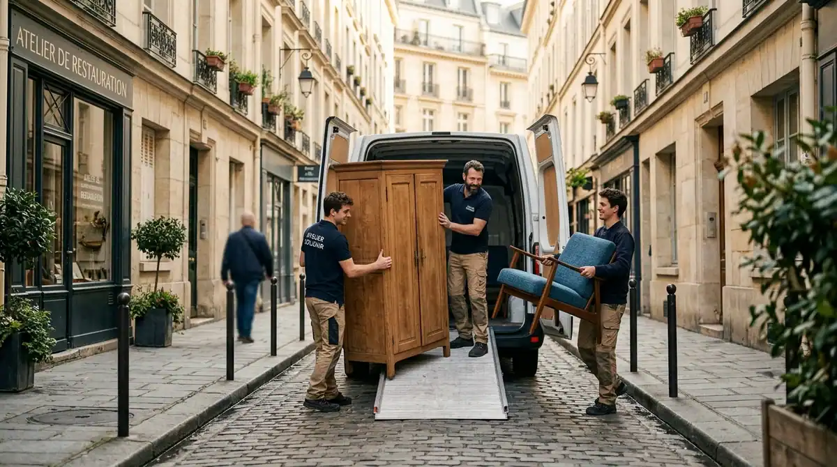 Collecte d'encombrants à Paris : des professionnels chargent des meubles dans un camion pour l'économie circulaire.