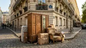 Enlèvement d'encombrants à Paris : meubles et cartons sur un trottoir devant un immeuble de style haussmannien.