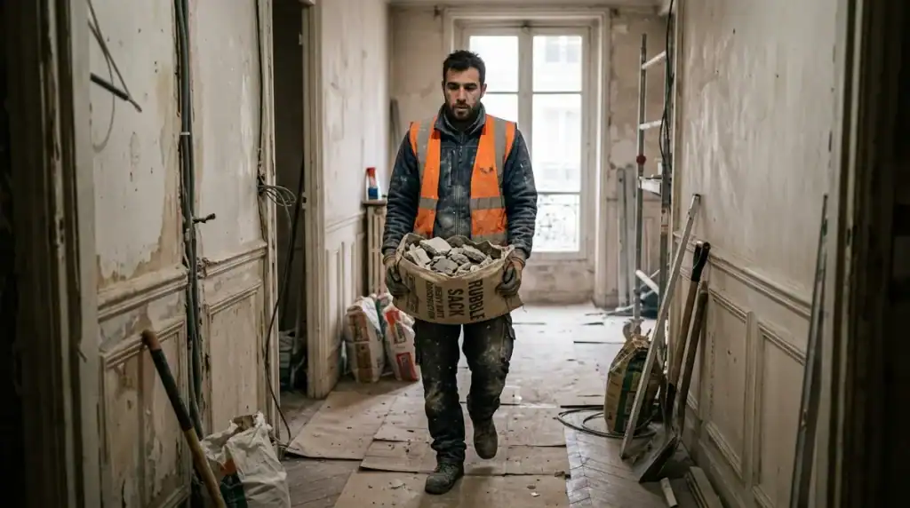 Ouvrier transportant des gravats dans un appartement haussmannien à Paris lors de travaux de rénovation.