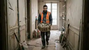 Ouvrier transportant des gravats dans un appartement haussmannien à Paris lors de travaux de rénovation.