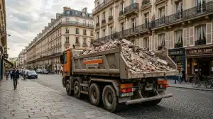 Camion benne rempli de gravats de chantier dans une rue de Paris devant des immeubles haussmanniens.