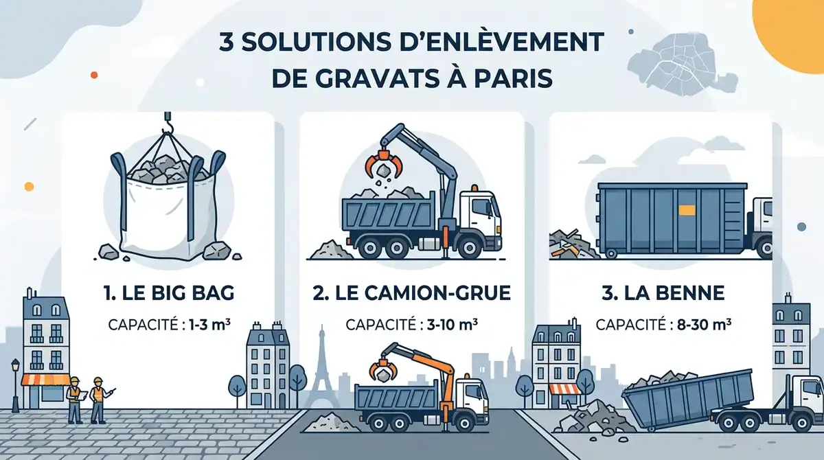 Infographie solutions enlèvement gravats Paris : Big Bag, camion-grue et benne selon le volume m3.