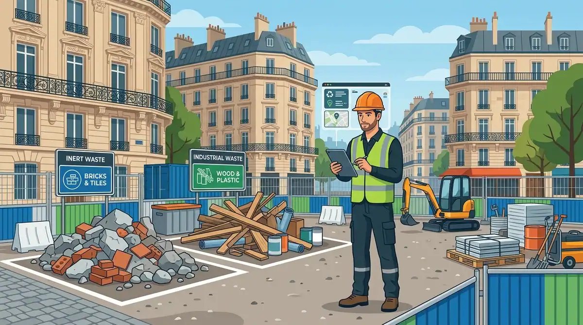 Illustration d'un chantier à Paris montrant le tri sélectif des gravats et déchets par un professionnel qualifié.