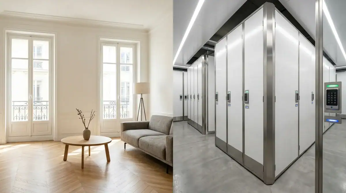 Appartement parisien épuré et garde-meuble moderne sécurisé pour gagner de la place et une pièce en plus.