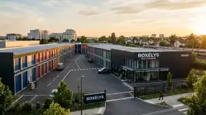 Garde-meuble moderne en banlieue parisienne au soleil couchant, solution de stockage pour gagner une pièce en plus.