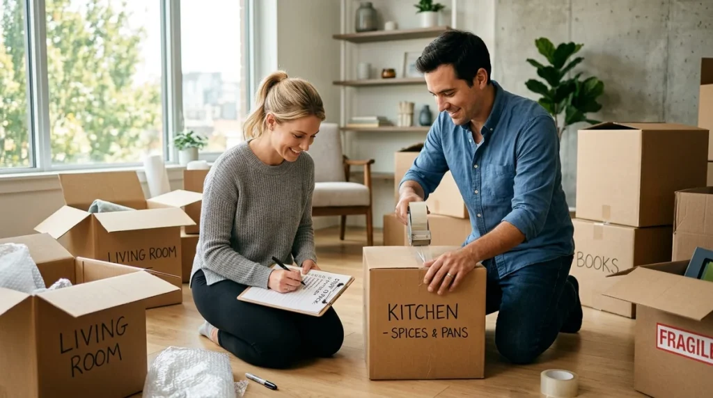 Couple préparant un débarras et déménagement en emballant des cartons dans un appartement moderne et ensoleillé.