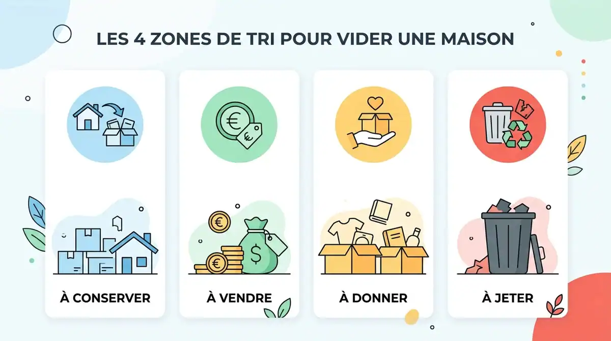 Infographie des 4 zones de tri pour vider une maison après un décès : conserver, vendre, donner et jeter.