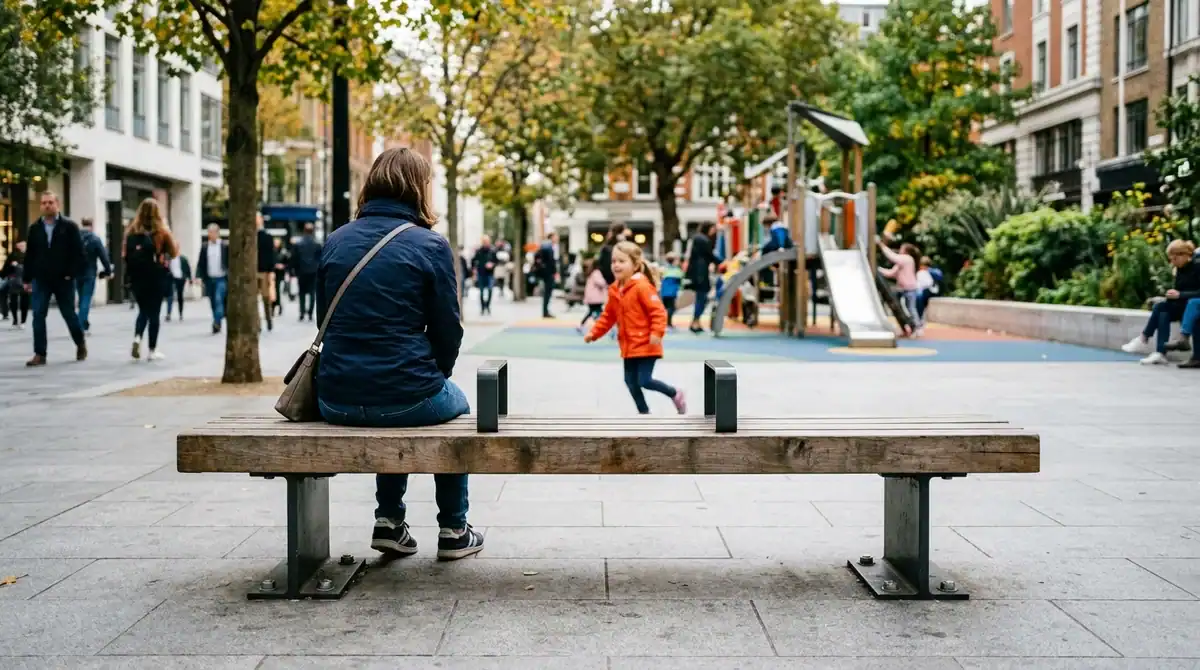 Installation d'un banc de mobilier urbain en bois et métal fixé au sol dans un parc public moderne.