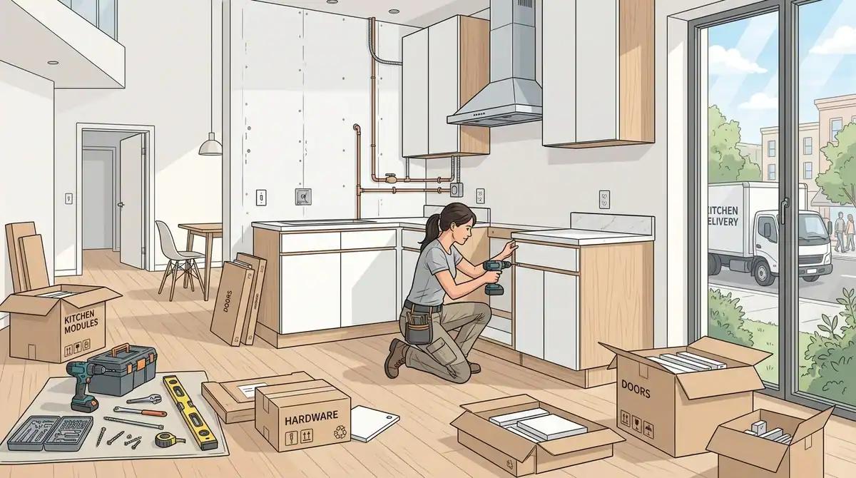Illustration montage cuisine IKEA : installation meubles blancs modulables et conseils de conception 2026.