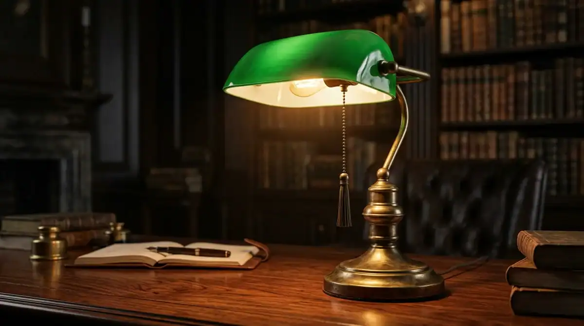Lampe de banquier authentique en laiton avec abat-jour vert émeraude sur un bureau en acajou poli.