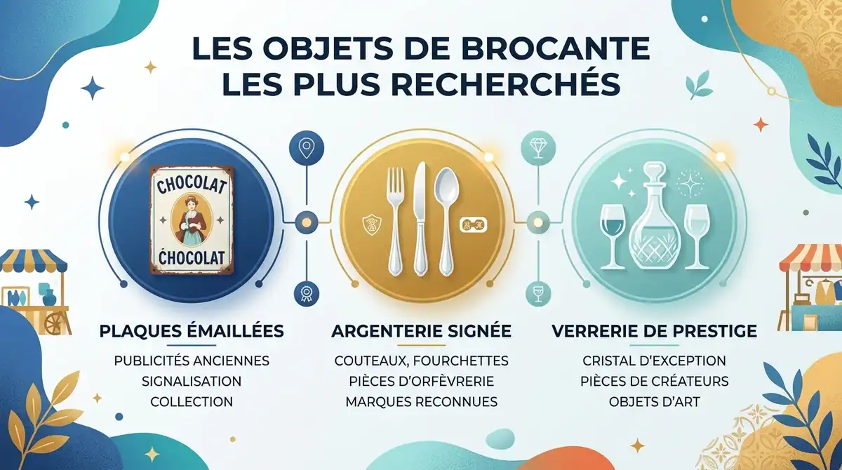 Infographie des objets antiquités recherchés en 2026 : plaques émaillées, argenterie et verrerie de prestige.