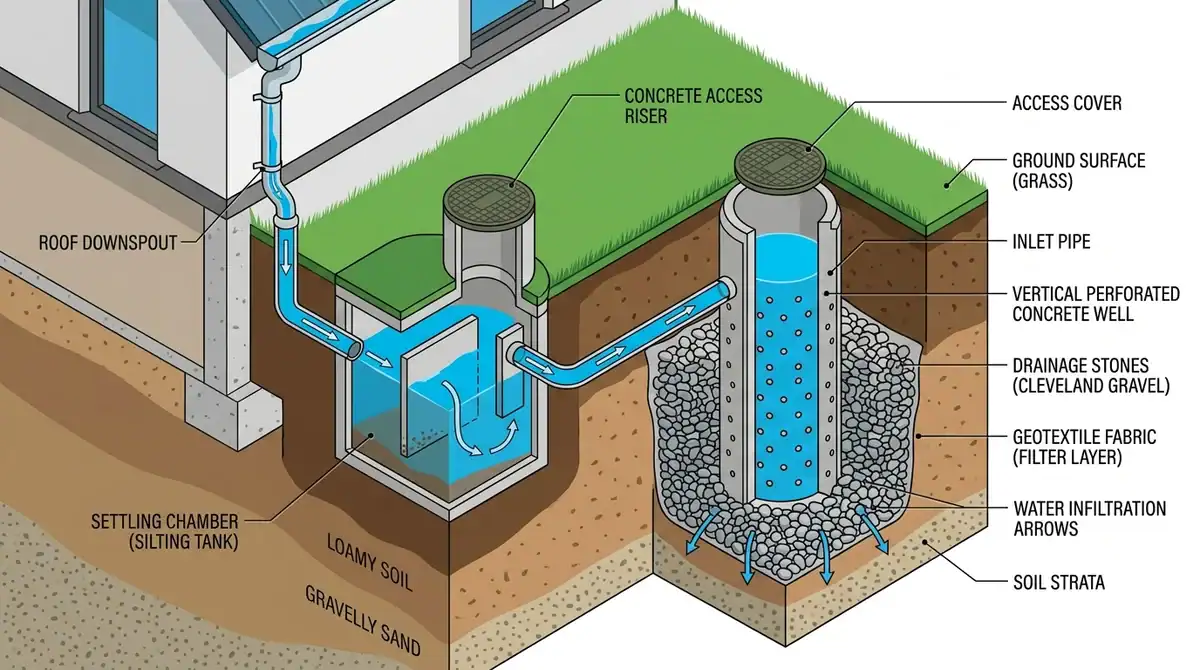 Illustration d'un puisard en coupe : installation du système d'infiltration des eaux pluviales et drainage.