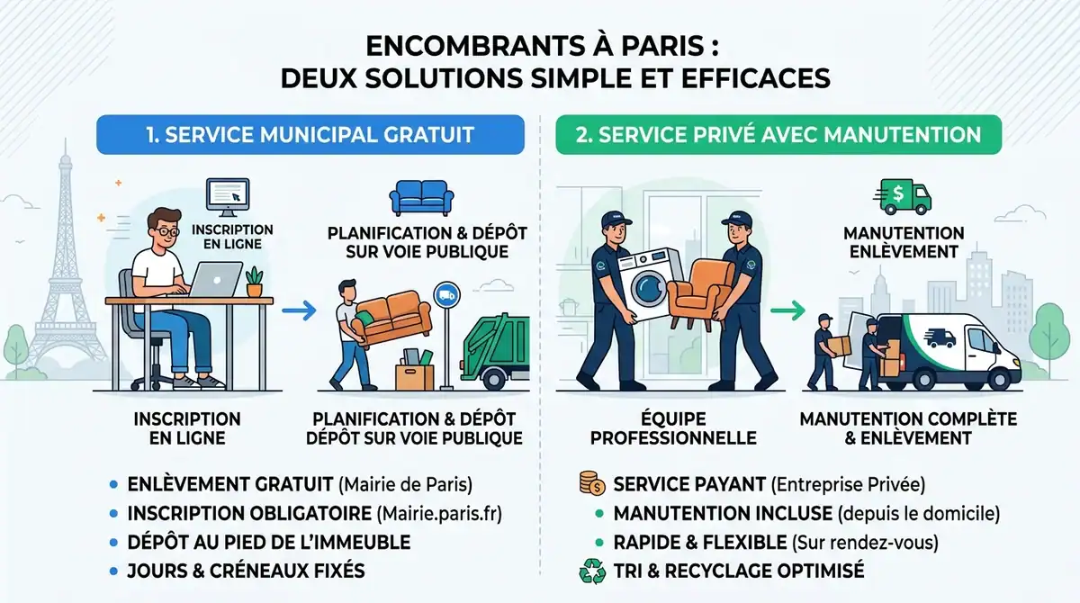 Infographie solutions enlèvement encombrants à Paris : service municipal gratuit vs manutention privée professionnelle.