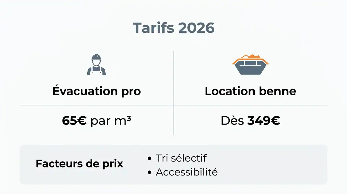 Infographie des tarifs 2026 pour l'enlèvement de gravats à Paris : comparaison entre évacuation pro et location benne