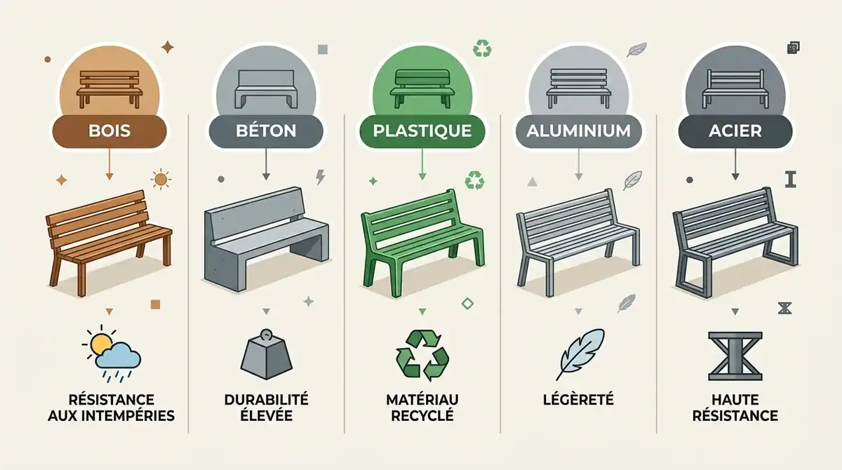 Infographie comparative des matériaux de bancs de mobilier urbain : bois, béton, plastique, aluminium et acier.
