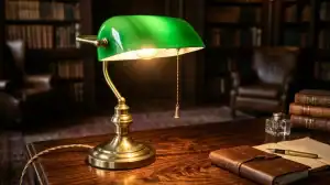 Lampe de banquier authentique avec abat-jour en verre vert et pied en laiton sur un bureau de luxe en acajou.