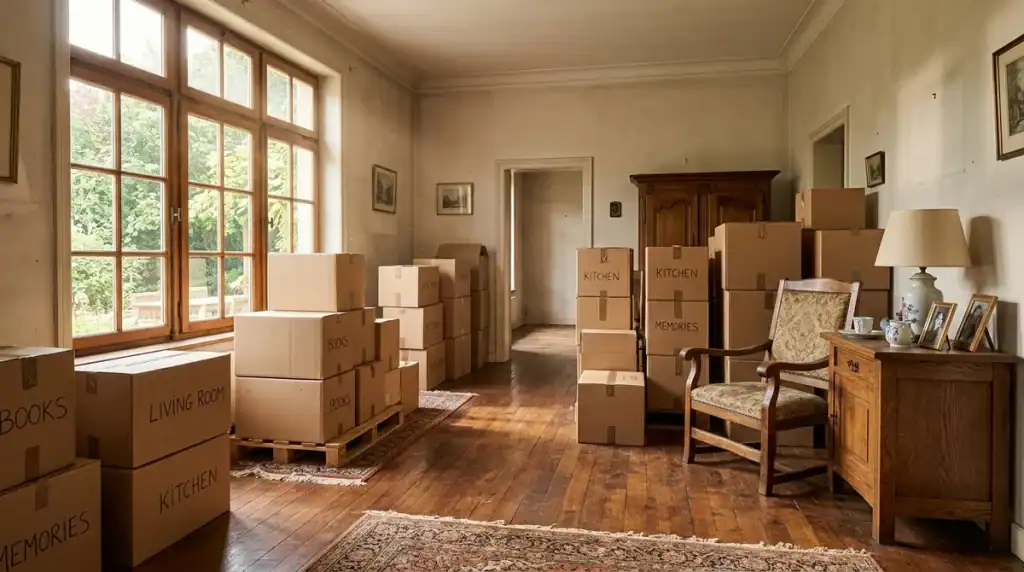 Débarras d'une maison après un décès : cartons rangés dans un salon lumineux avec meubles anciens et lumière naturelle.